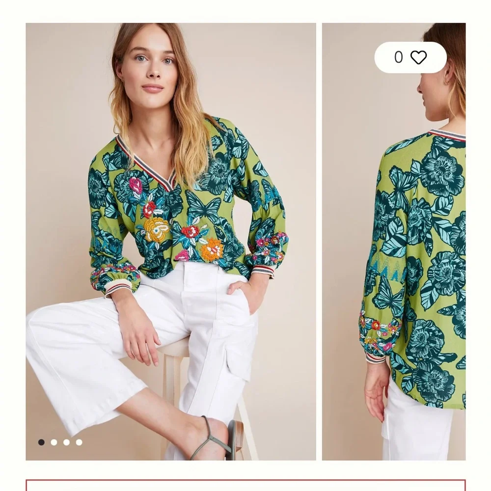 Anthropologie Vineet Bahl Size Small Ashley Embroidered Blouse Green Floral Top